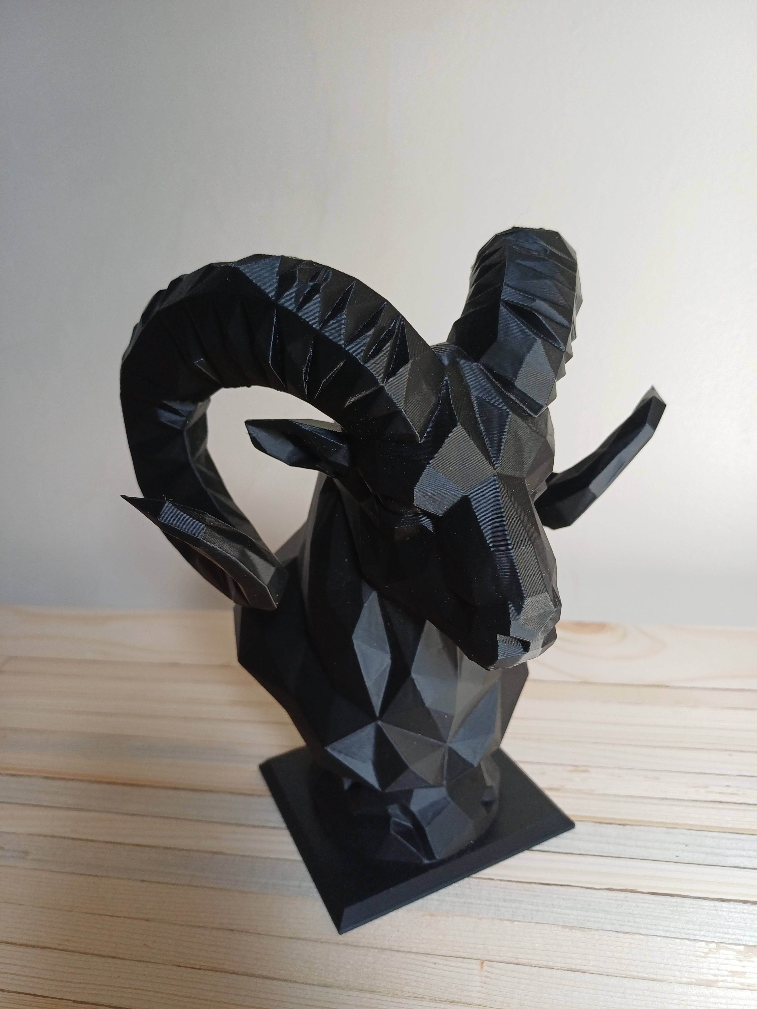 Aries Ram Bust Sculpture 20cm Geometric Bighorn Sheep Statue Matte Black 3D Printed