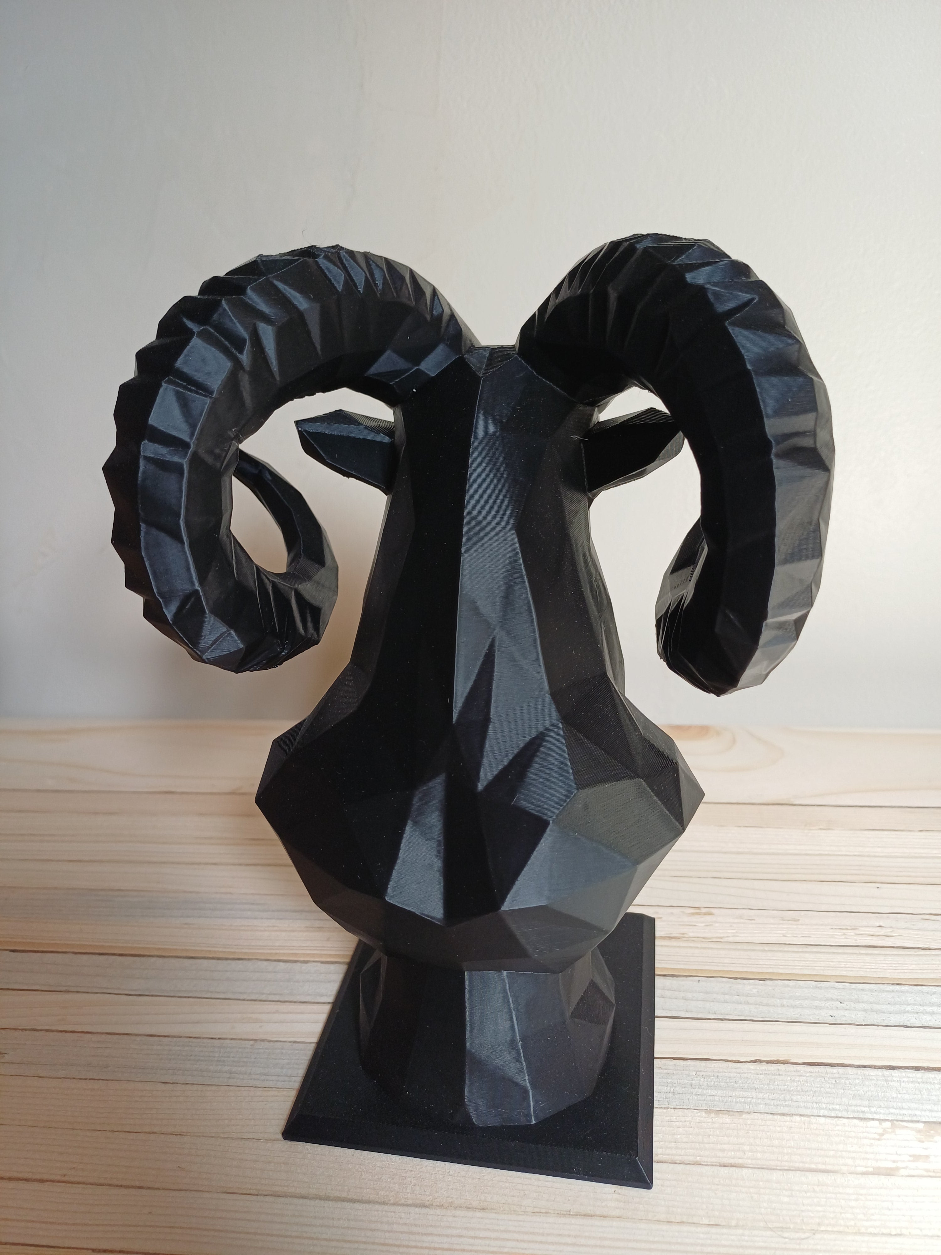 Aries Ram Bust Sculpture 20cm Geometric Bighorn Sheep Statue Matte Black 3D Printed