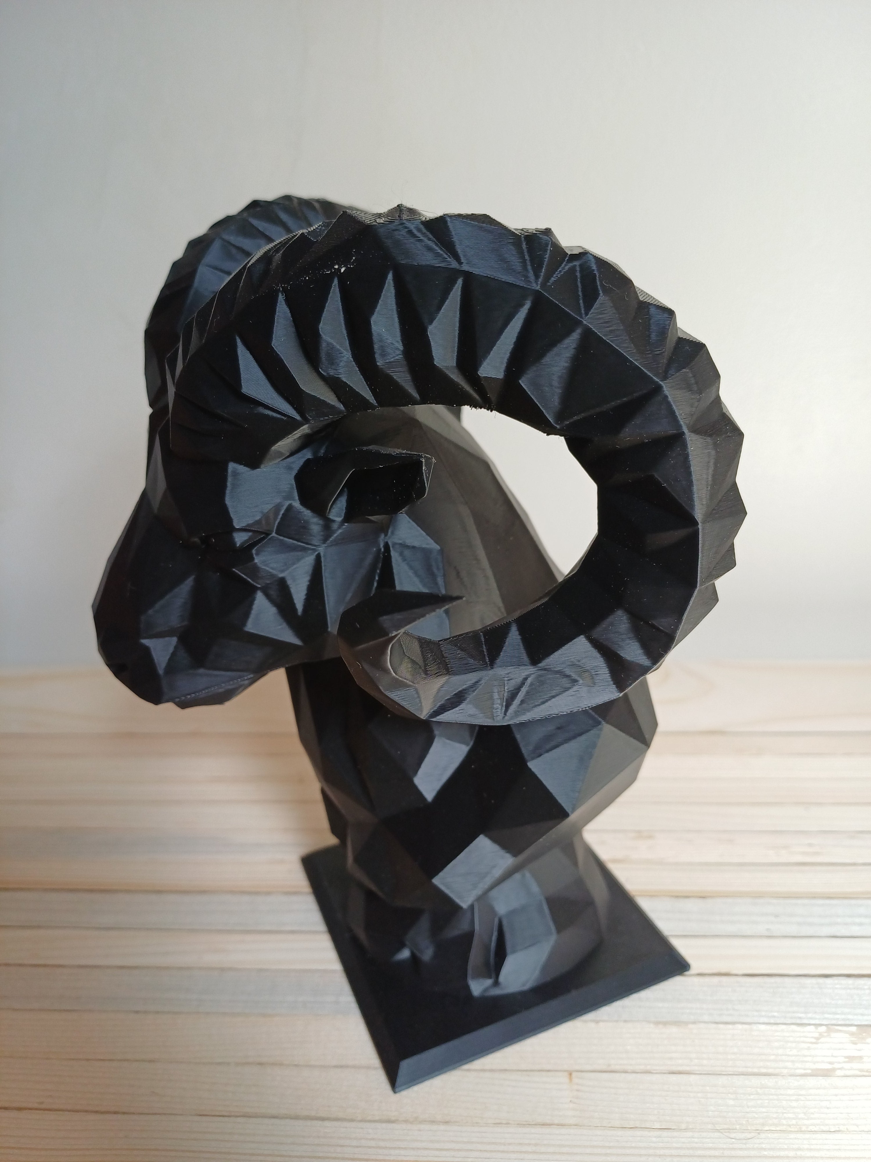 Aries Ram Bust Sculpture 20cm Geometric Bighorn Sheep Statue Matte Black 3D Printed