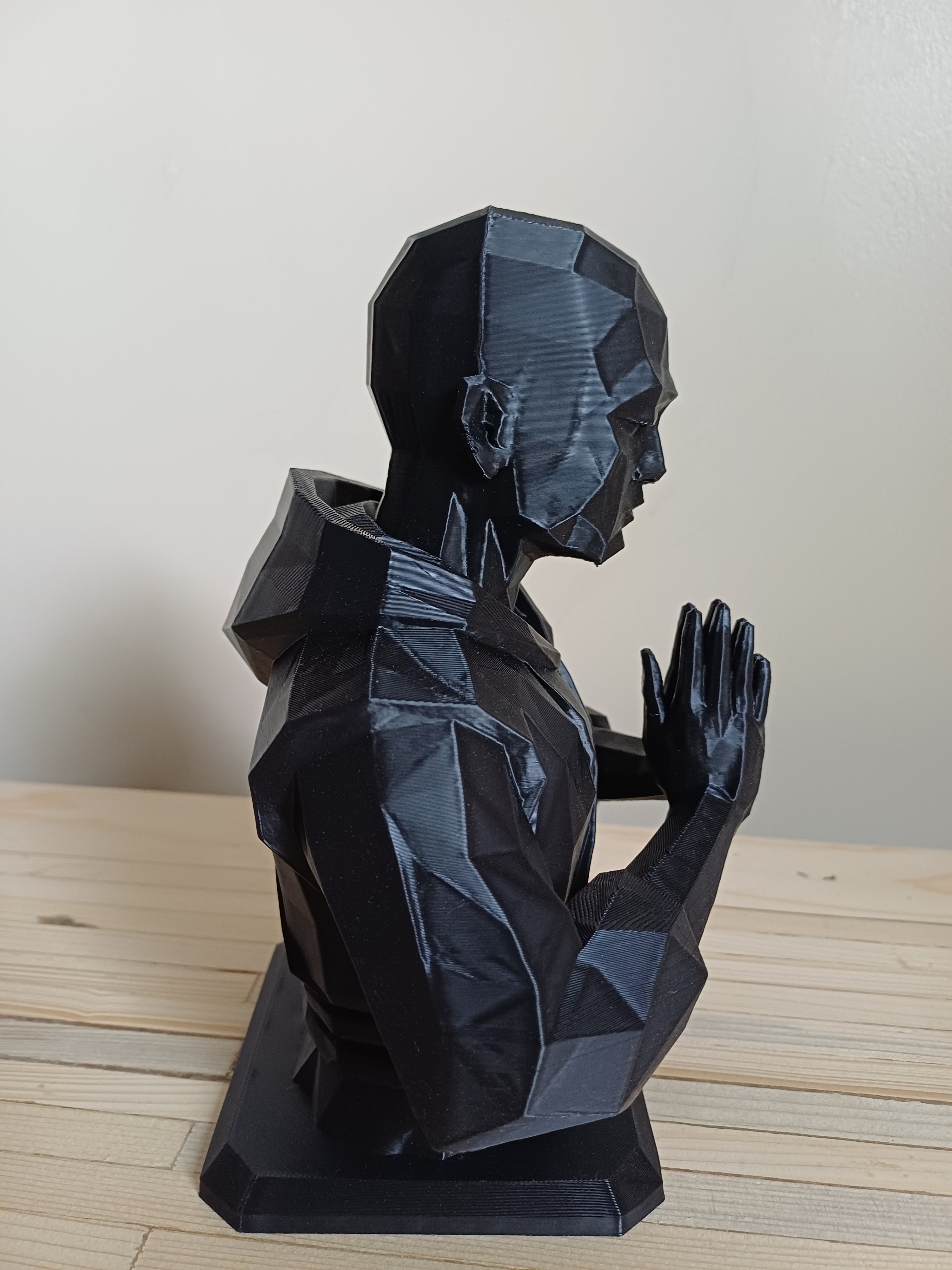 DnD Monk Bust Statue — 20cm, Bald Martial Arts Praying Hand Figure, Black — 3D Printed Low Poly