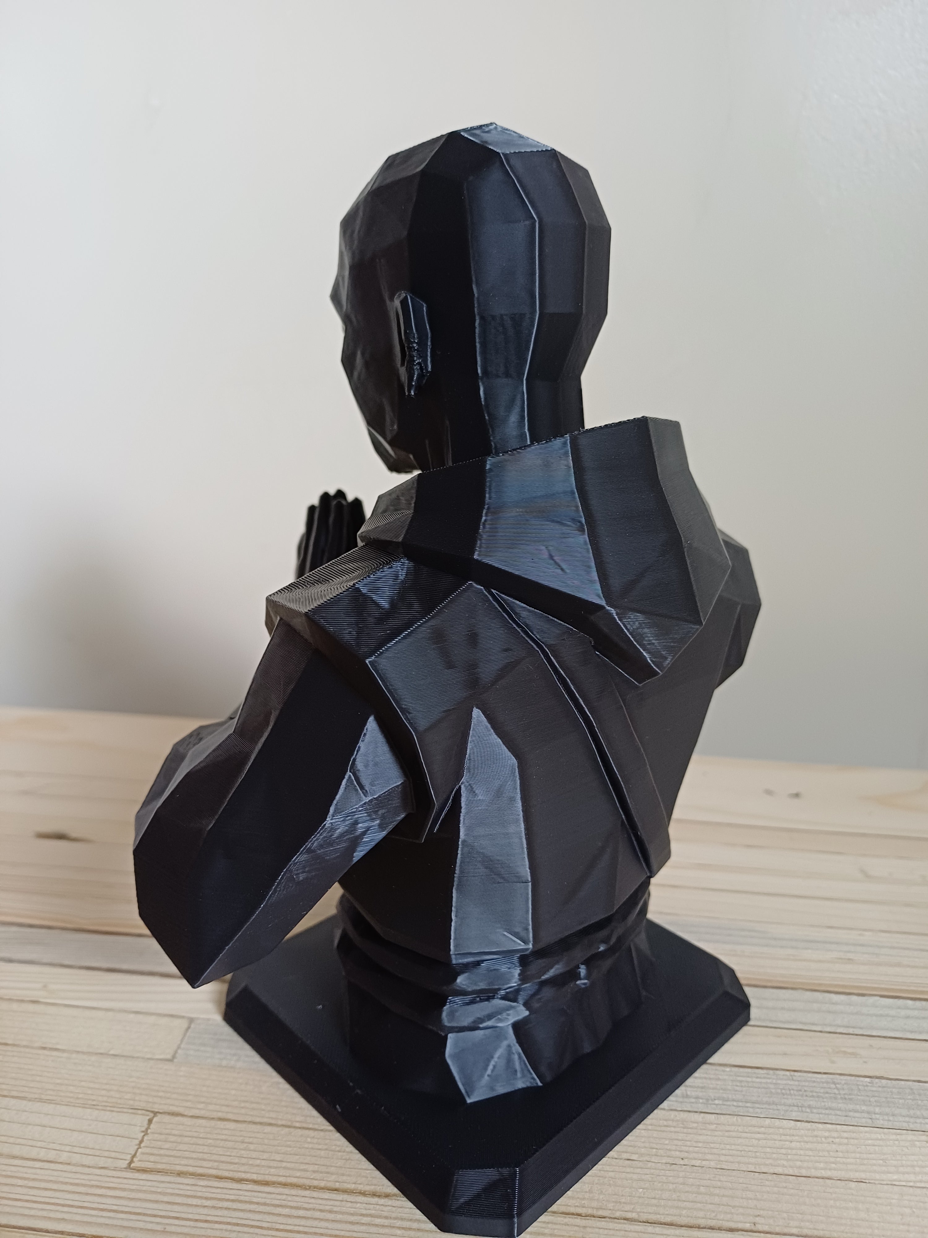 DnD Monk Bust Statue — 20cm, Bald Martial Arts Praying Hand Figure, Black — 3D Printed Low Poly