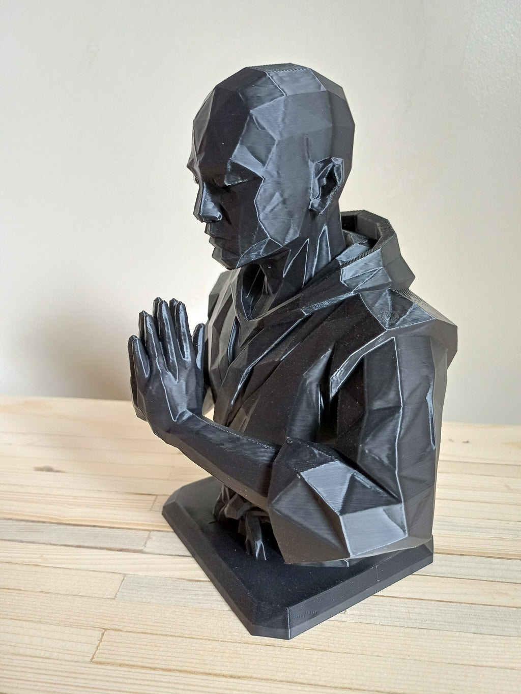 DnD Monk Bust Statue — 20cm, Bald Martial Arts Praying Hand Figure, Black — 3D Printed Low Poly