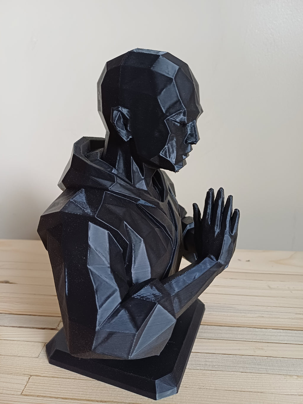 DnD Monk Bust Statue — 20cm, Bald Martial Arts Praying Hand Figure, Black — 3D Printed Low Poly