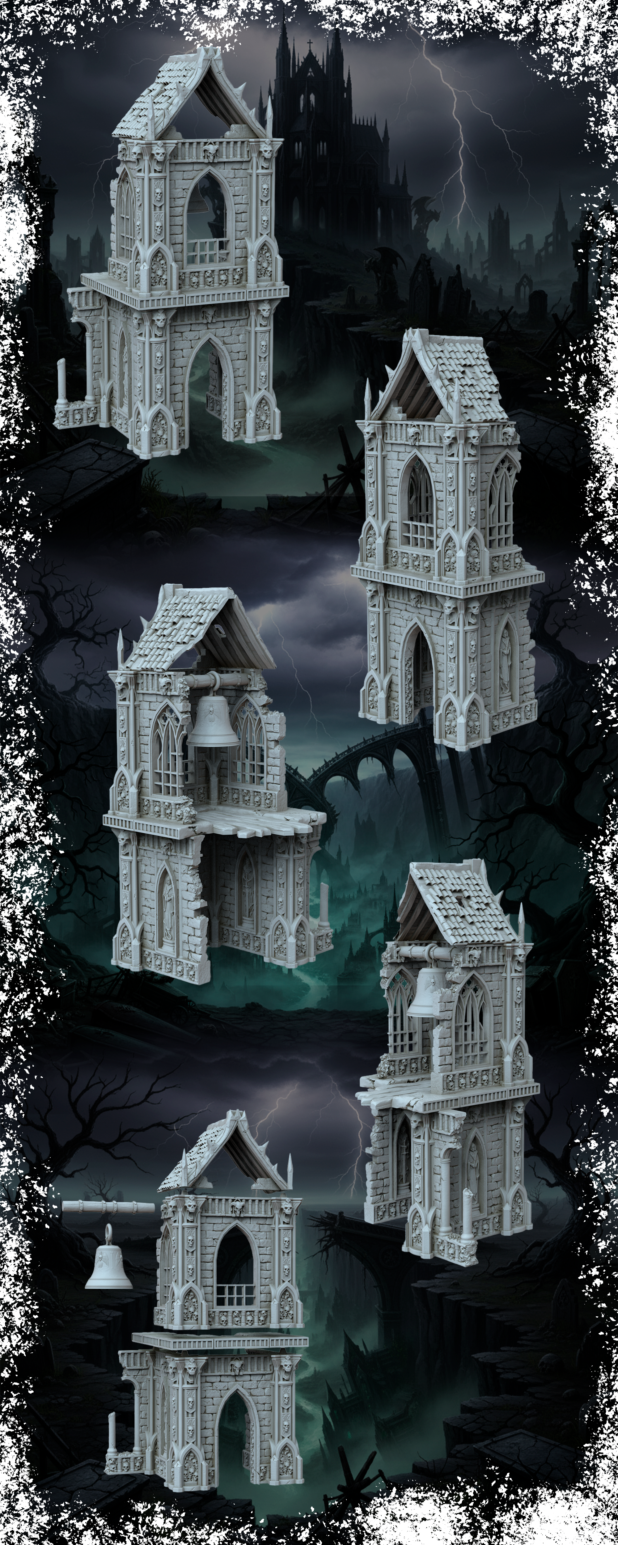 Grimdark Gothic Bell Tower 3-Storey 3D Printed Sci-Fantasy Wargame Terrain 28mm
