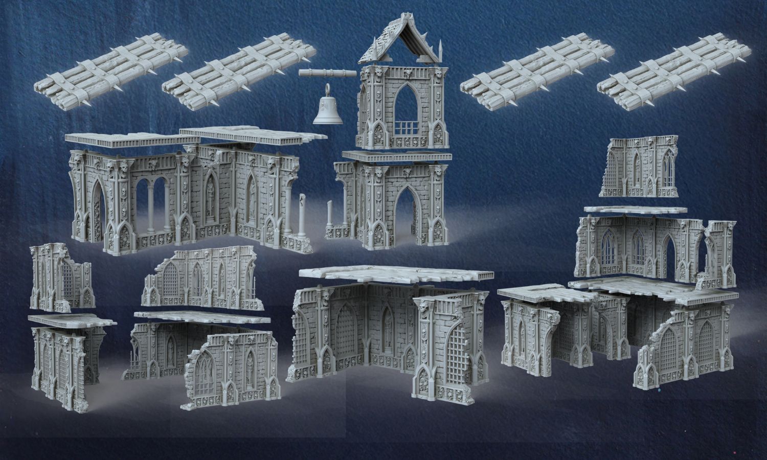 Grimdark Gothic Cathedral Ruins Complete Set 3D Printed Sci-Fantasy Terrain 28mm