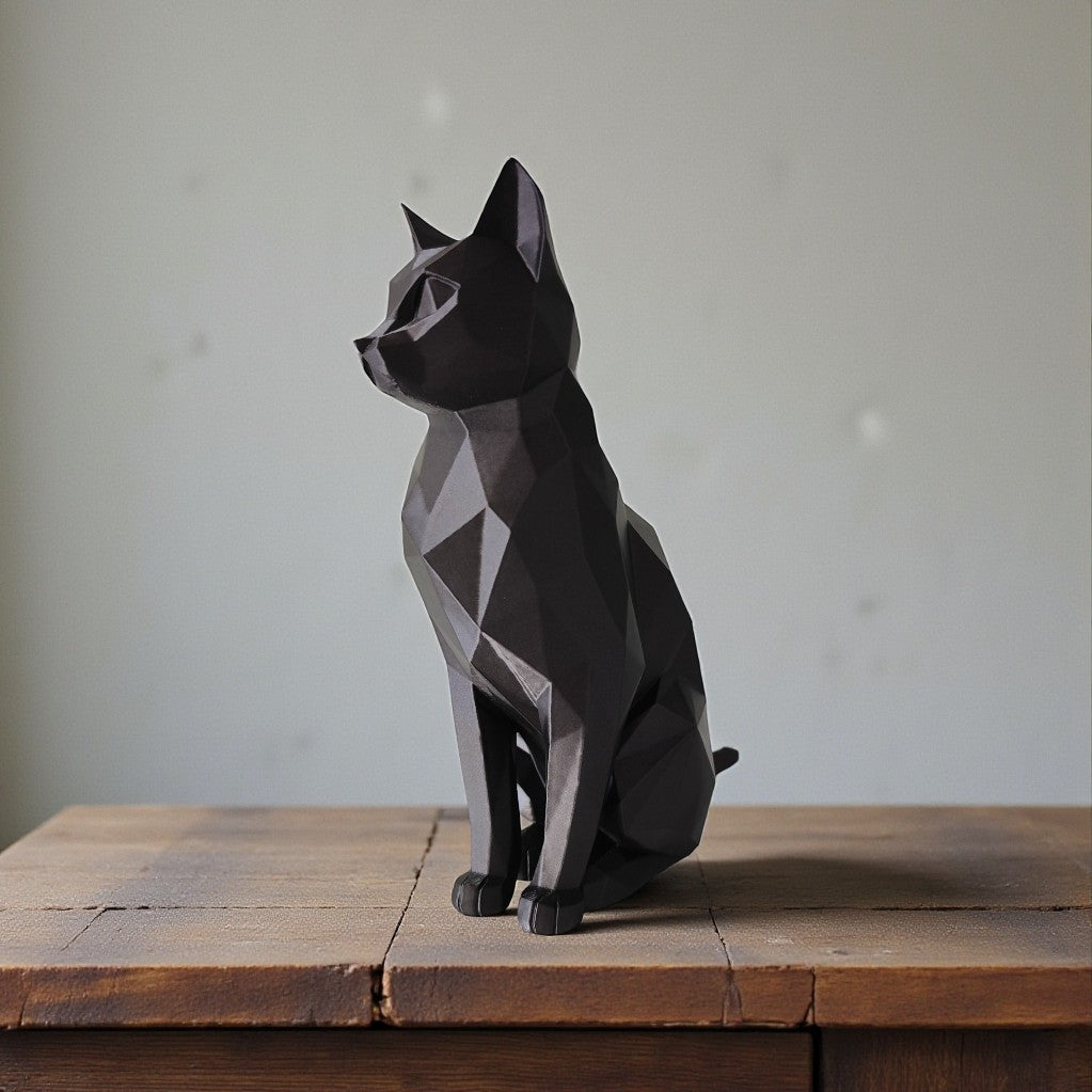 Low Poly Cat Sculpture 20cm Geometric Sitting Cat Ornament Black