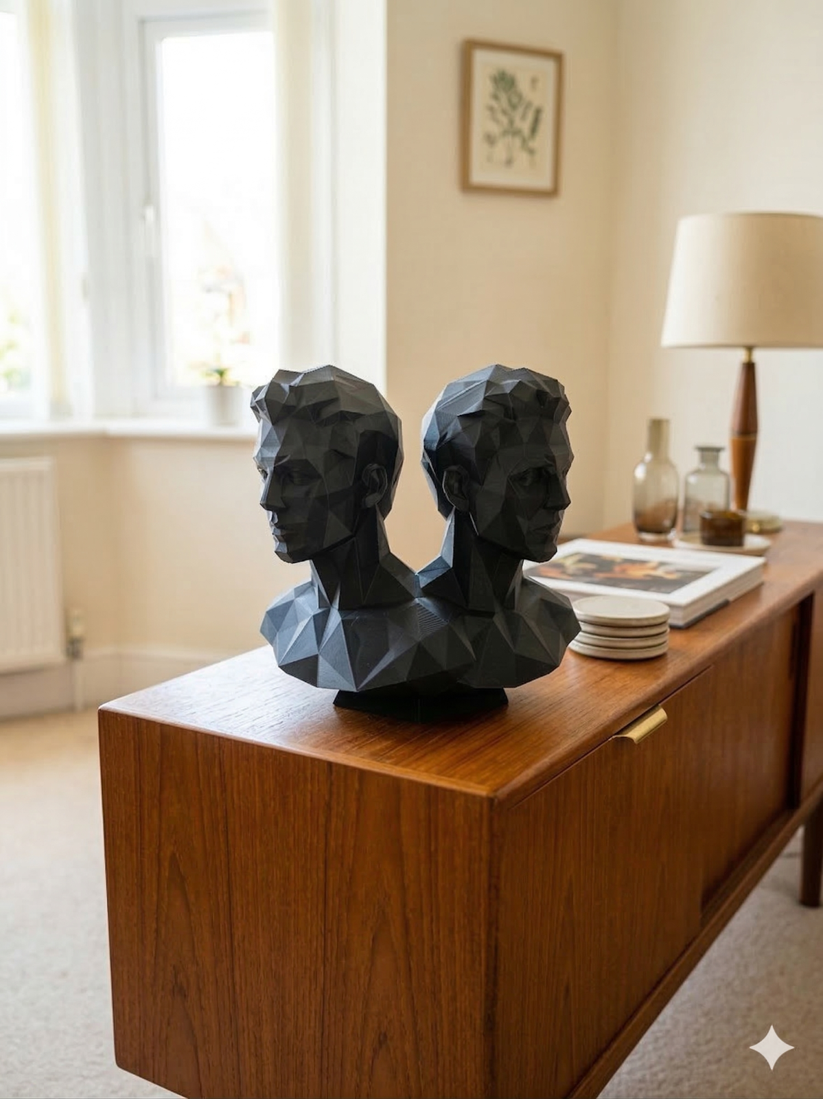 Gemini Twin Bust Sculpture 20cm Geometric Zodiac Statue Black Star Sign Gift