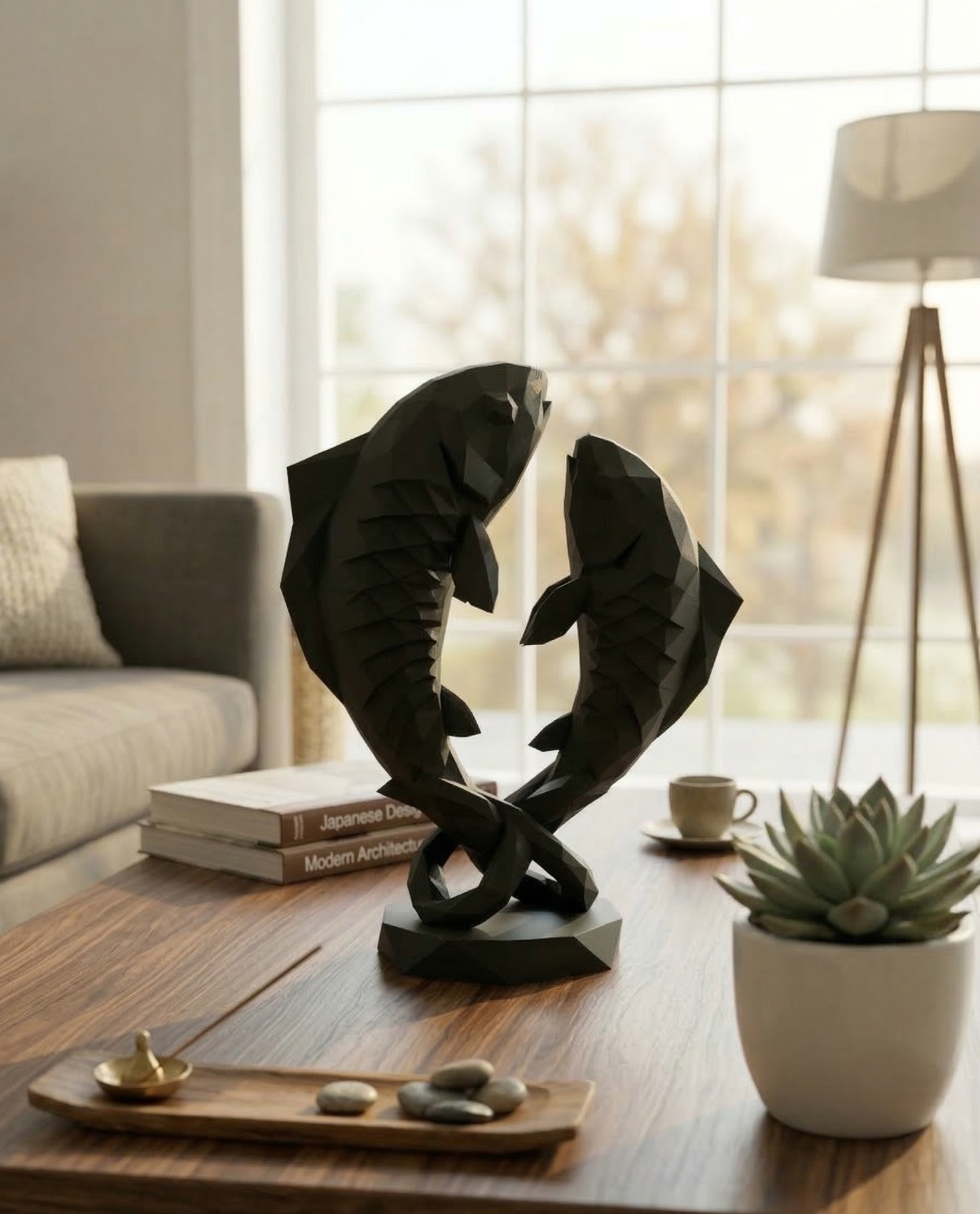 Pisces Twin Fish Sculpture 25cm Geometric Zodiac Statue Pisces Star Sign Gift