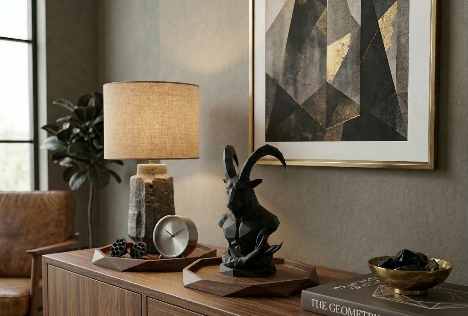 Capricorn Goat Bust Sculpture 20cm Geometric Zodiac Statue Black Star Sign Gift