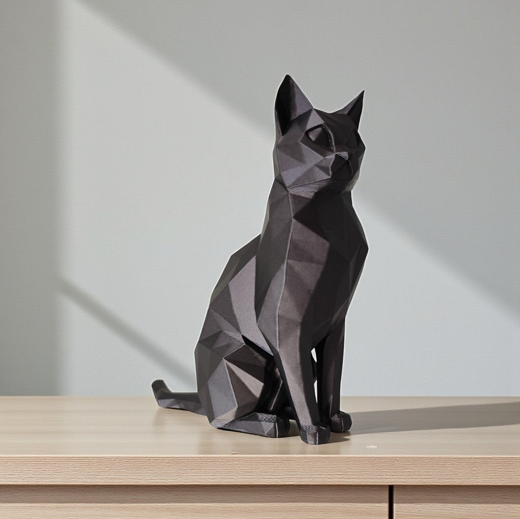 Low Poly Cat Sculpture 20cm Geometric Sitting Cat Ornament Black