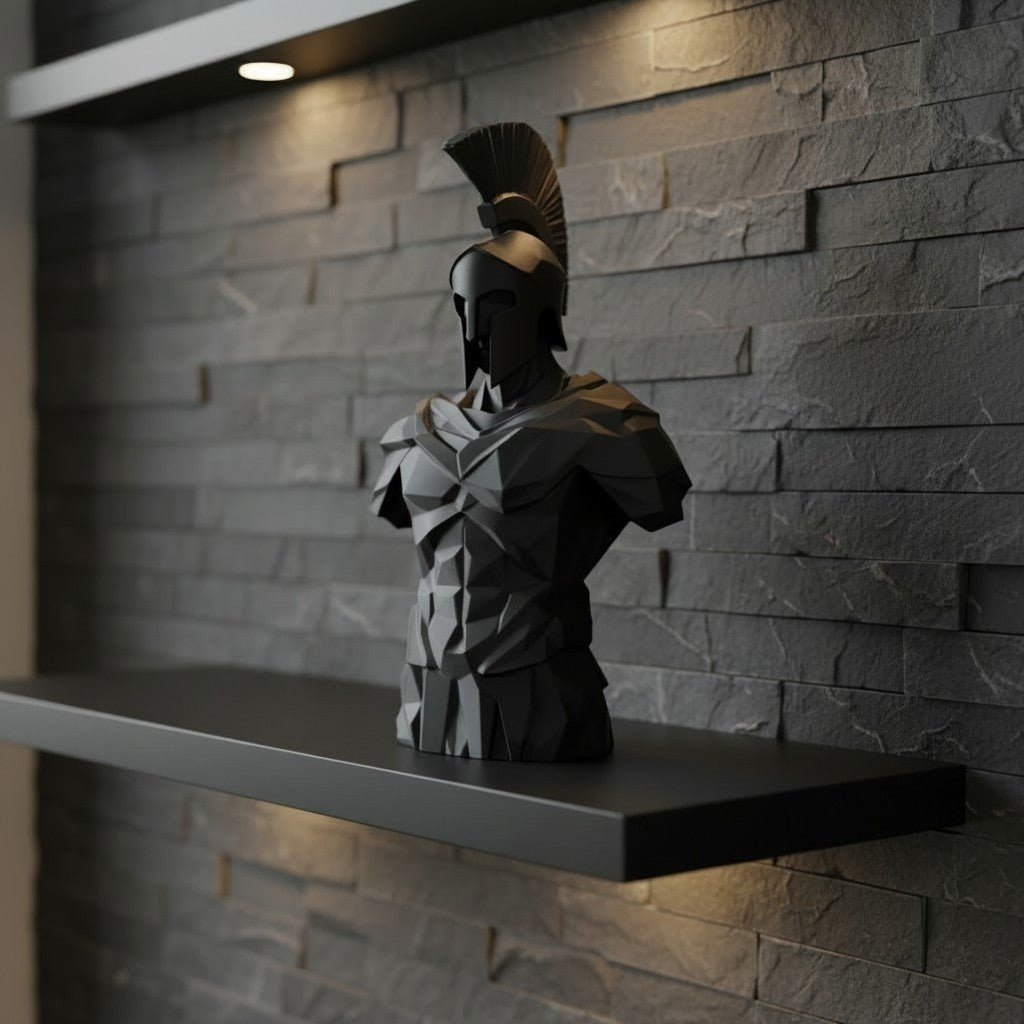 Low Poly Spartan Warrior Bust Sculpture Greek Soldier Helmet Statue Matte Black