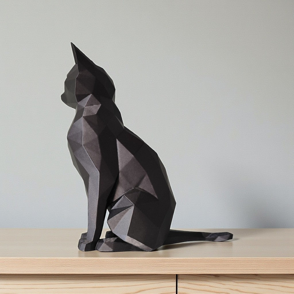 Low Poly Cat Sculpture 20cm Geometric Sitting Cat Ornament Black