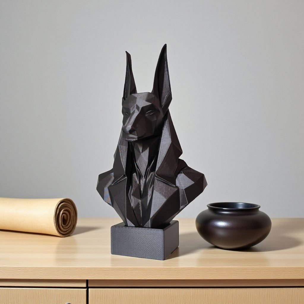 Low Poly Anubis Bust Sculpture 250mm Egyptian God Statue Black