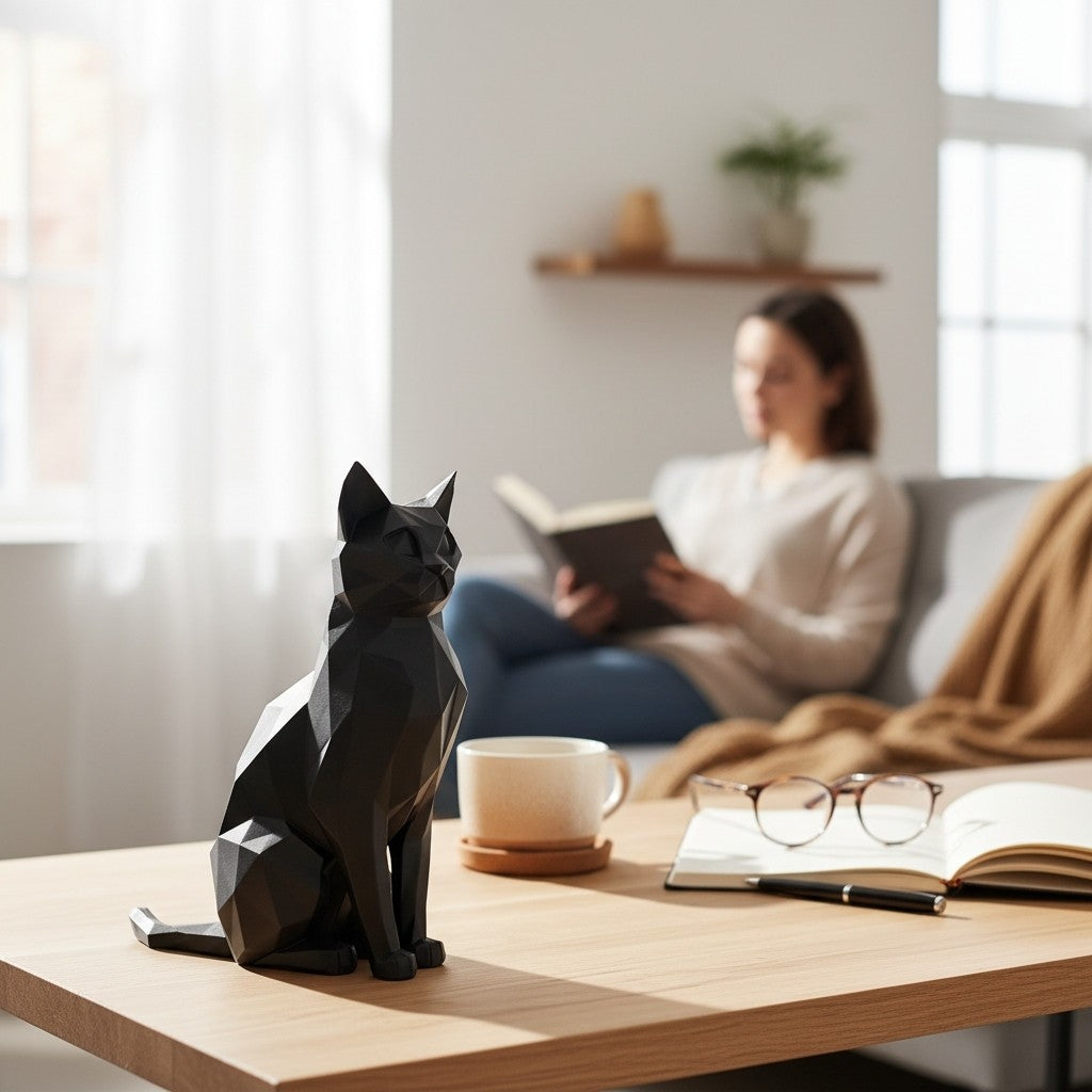 Low Poly Cat Sculpture 20cm Geometric Sitting Cat Ornament Black