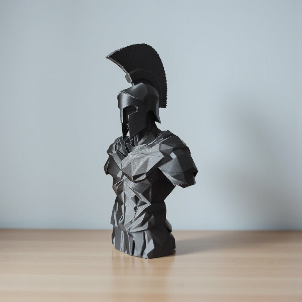 Low Poly Spartan Warrior Bust Sculpture Greek Soldier Helmet Statue Matte Black