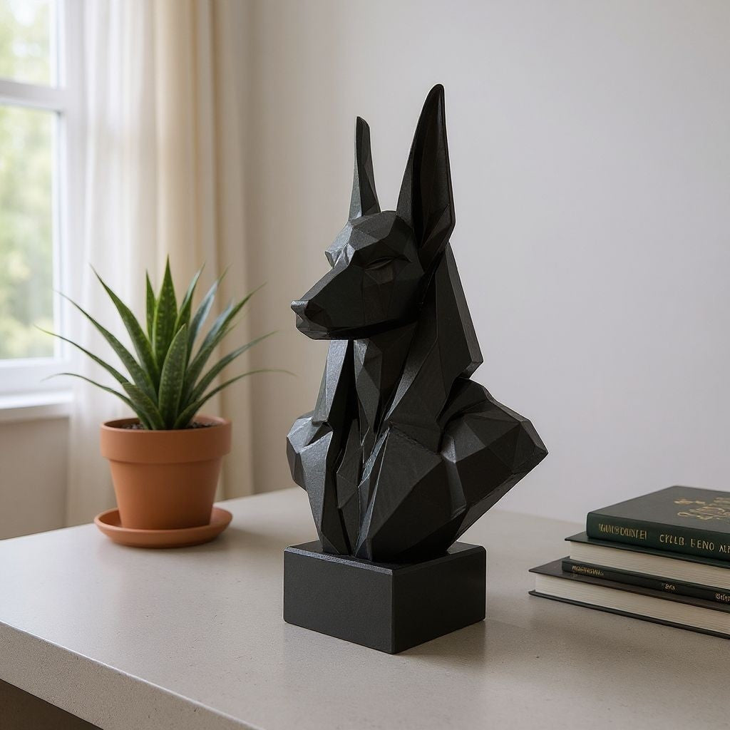 Low Poly Anubis Bust Sculpture 250mm Egyptian God Statue Black