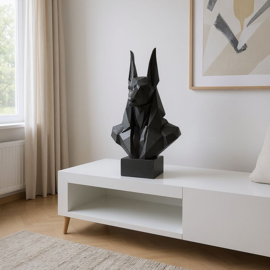 Low Poly Anubis Bust Sculpture 250mm Egyptian God Statue Black
