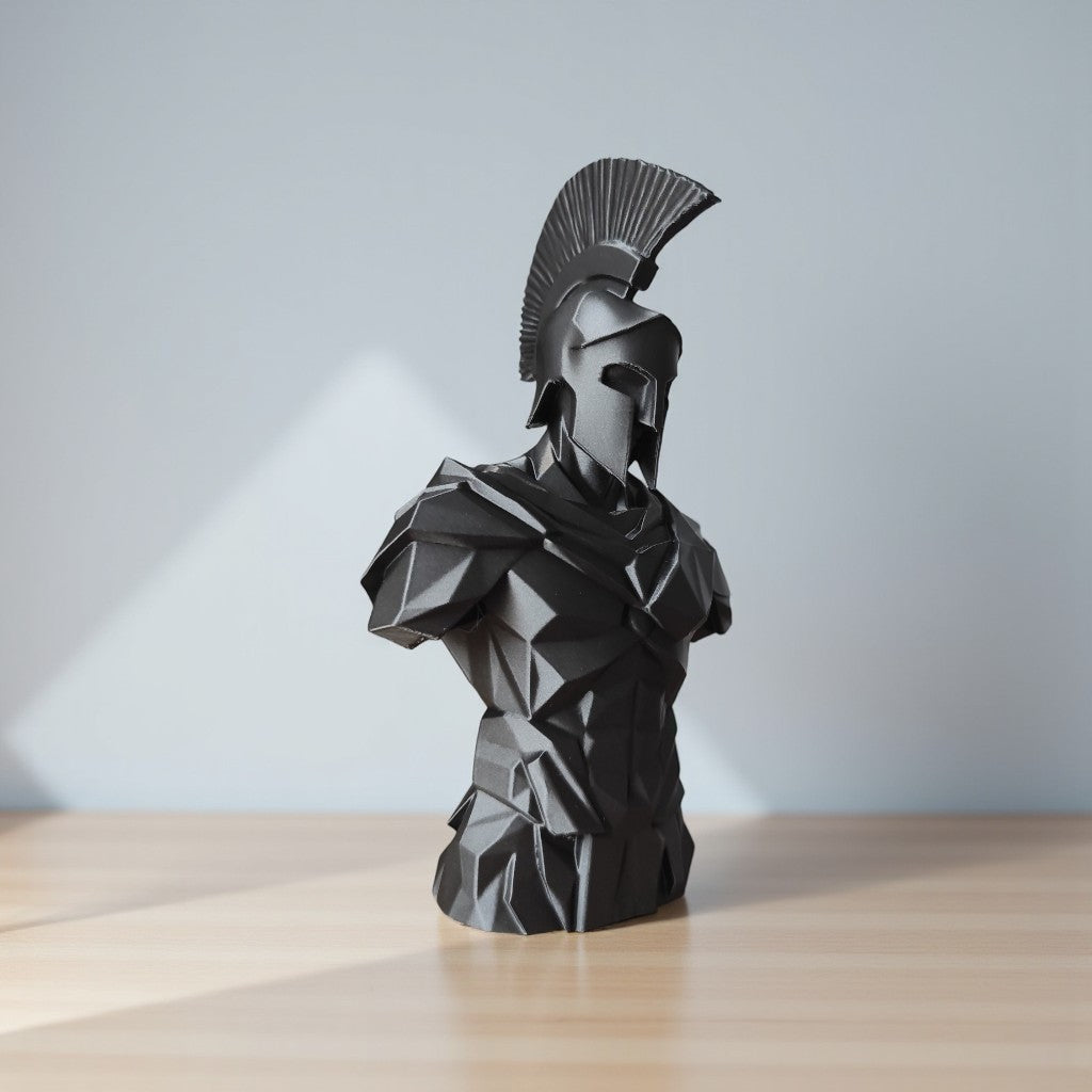 Low Poly Spartan Warrior Bust Sculpture Greek Soldier Helmet Statue Matte Black