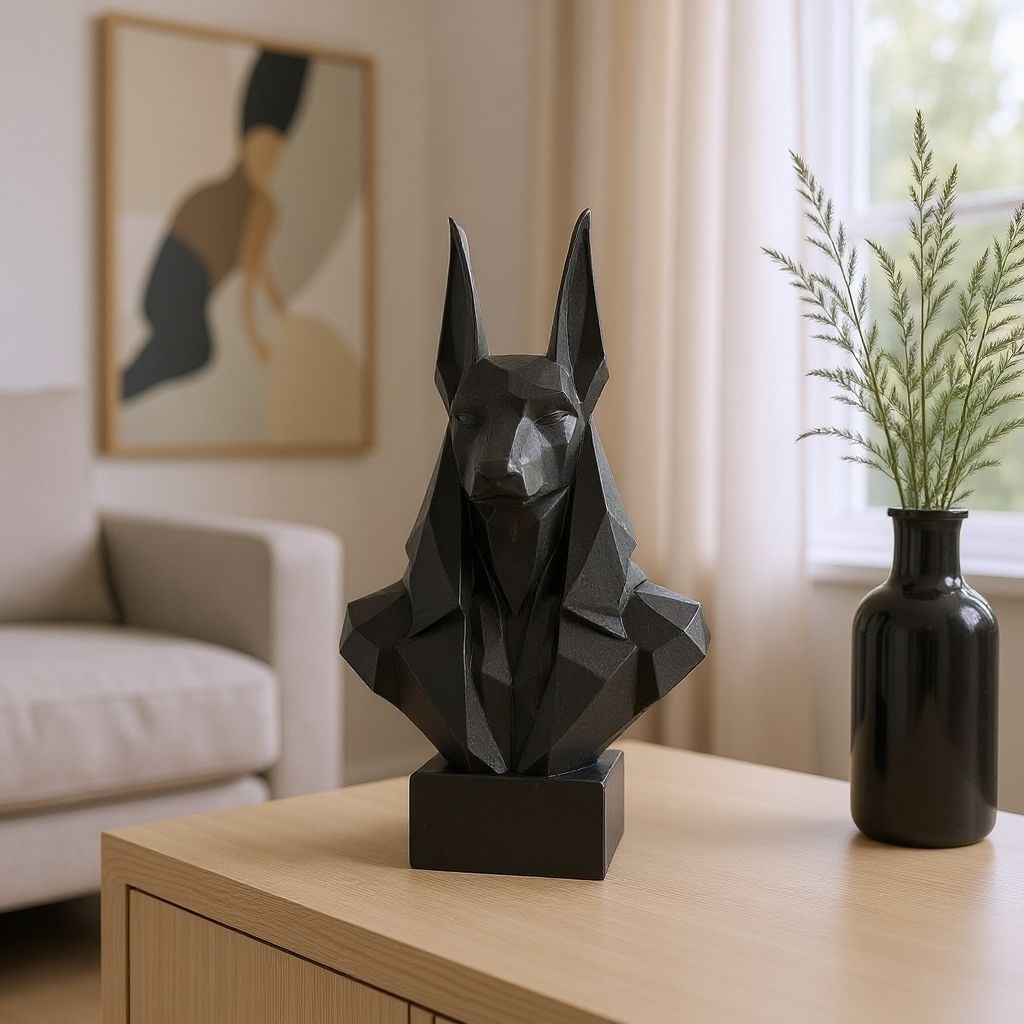 Low Poly Anubis Bust Sculpture 250mm Egyptian God Statue Black
