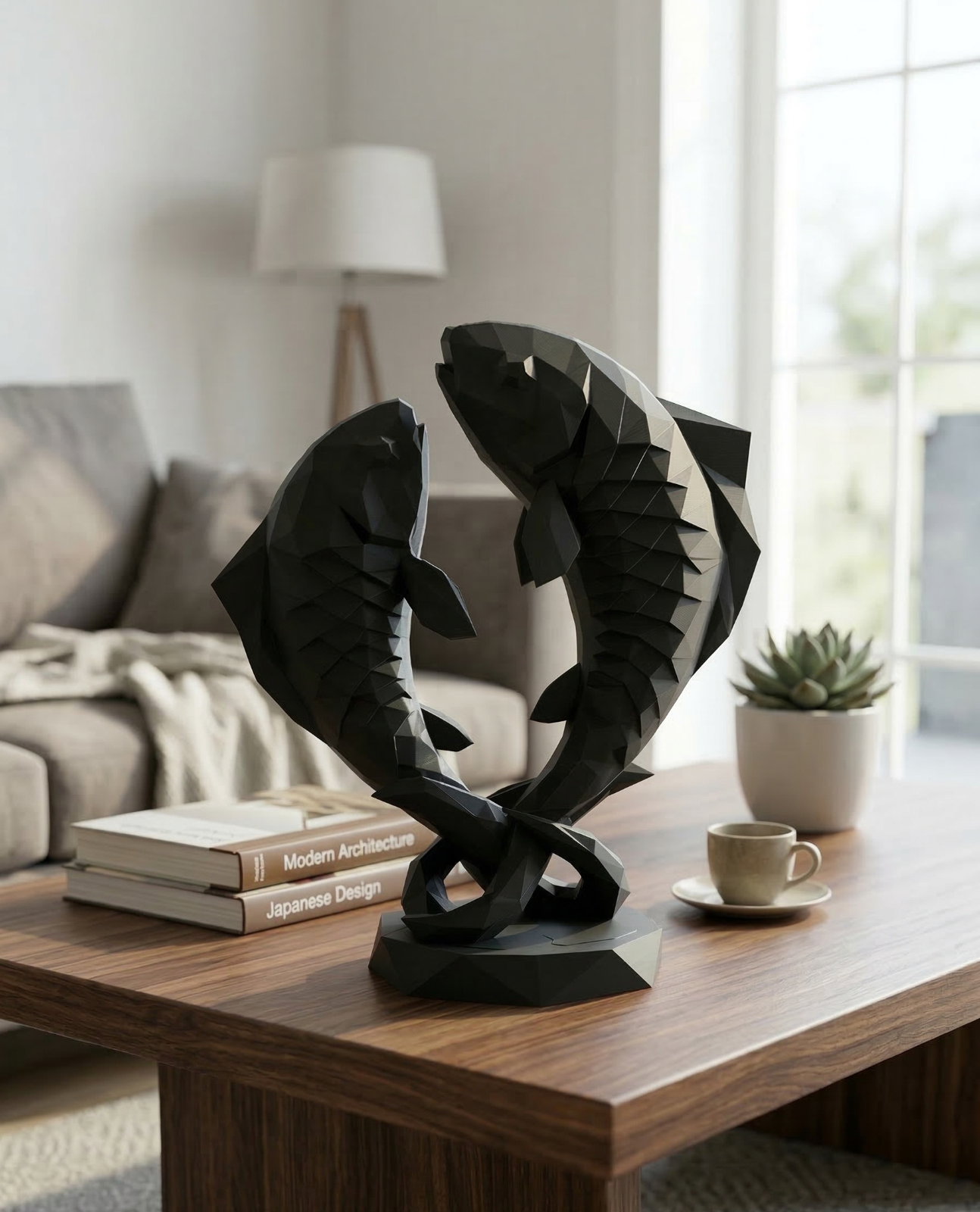 Pisces Twin Fish Sculpture 25cm Geometric Zodiac Statue Pisces Star Sign Gift