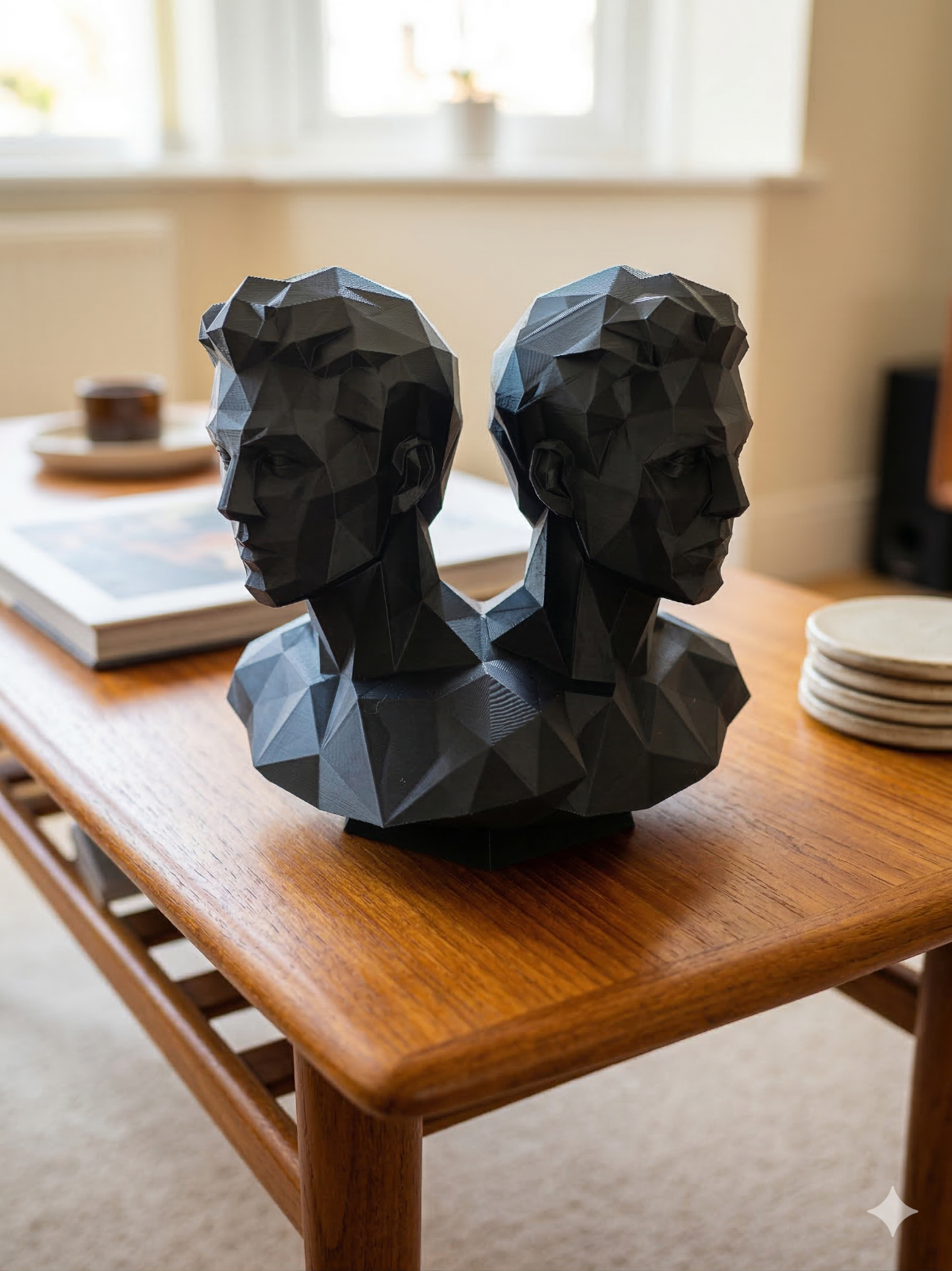 Gemini Twin Bust Sculpture 20cm Geometric Zodiac Statue Black Star Sign Gift