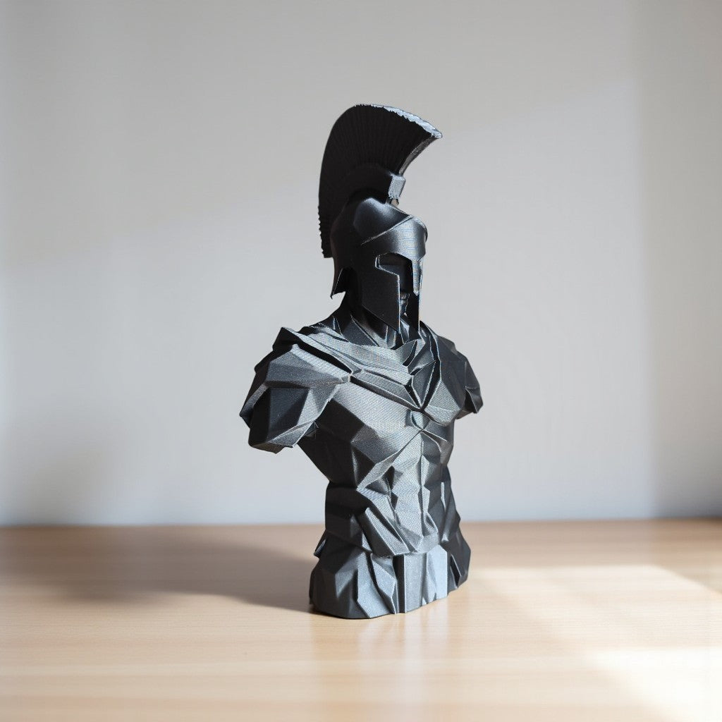 Low Poly Spartan Warrior Bust Sculpture Greek Soldier Helmet Statue Matte Black